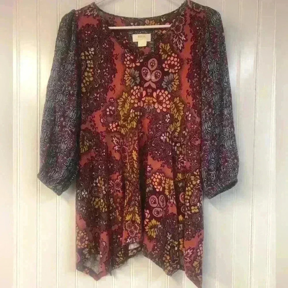 Anthropologie Maeve Blouse XS Multicolor Floral Boho 3/4 Smocked Sleeve - Picture 1 of 3